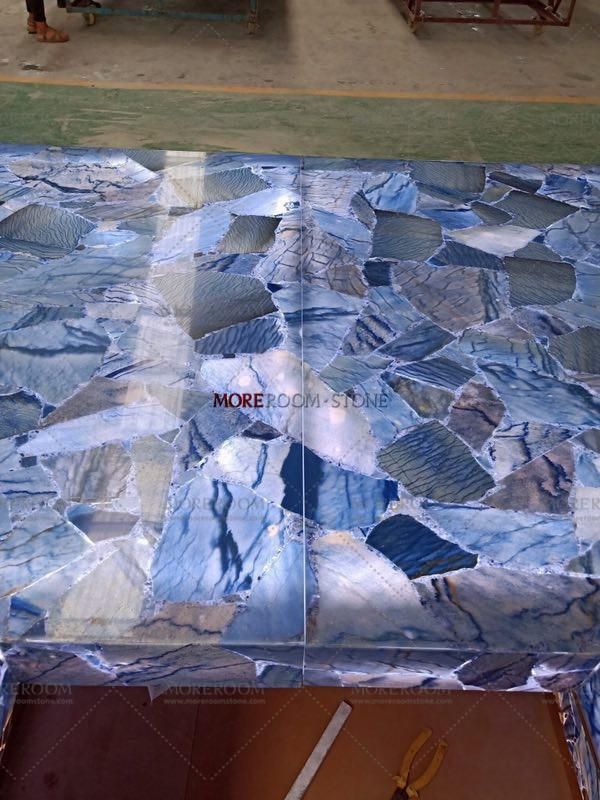 Luxurious Decor Gemstone Agate Slab Translucent Blue Table Semi Precious Stone Slab for Dining Room Countertop