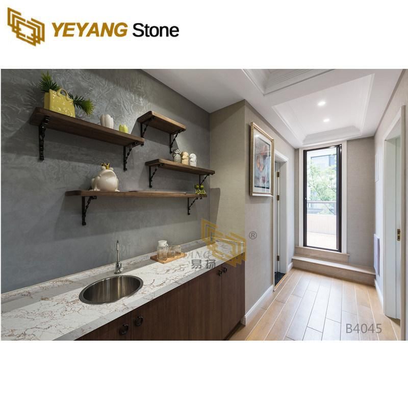 Polished Gold Veins White Quartz for Kitchen Island/Bathroom/Countertop