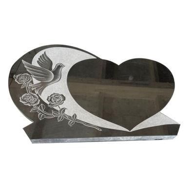 Black Granite Heart Shaped Headstone Carved Bird Flower for Cemetery Memorial