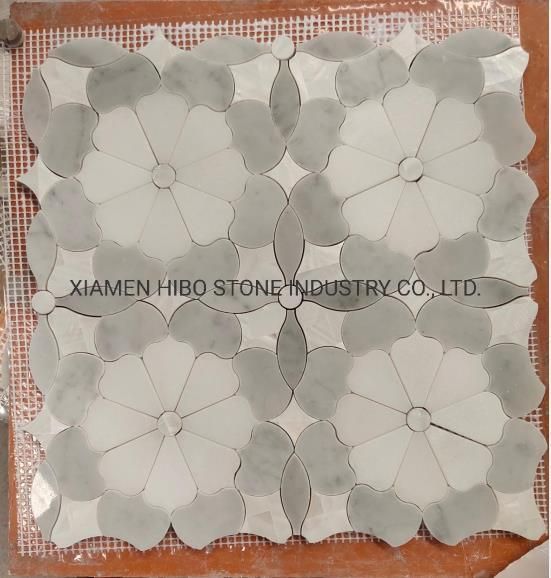 Natural Stone Marble Pure White Thassos and Shell Waterjet Flower Pattern Mosaic Tile Waterjet Tile