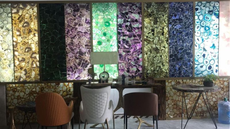 Hotel Salon Cafe Restaurant Interior Decoration Luxury Semi-Precious Stone Blue Agate Back Lights for Big Wall and Column Decoration