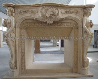 Classic Egyptian Beige Marble Fireplace with Carved Lady Statue (QY-LS607)