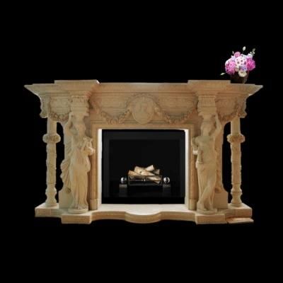 Custom Made Cream Marble Antique Girl Column Carving Fireplace Mantel