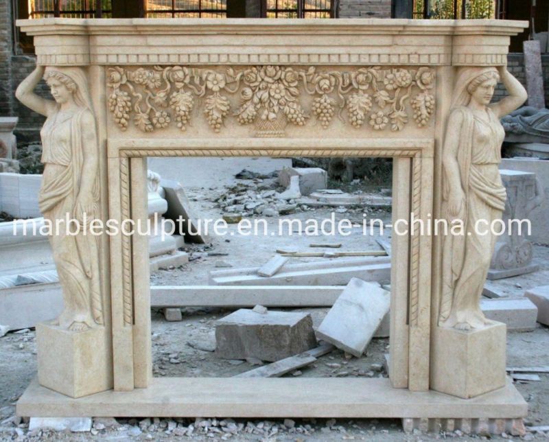 Beautiful Design Lady Statue Beige Marble Fireplace (SYMF-108)