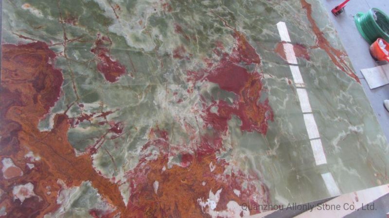 Translucent Dark Green Onyx with Red Vein Wall Slab Panel Decoration