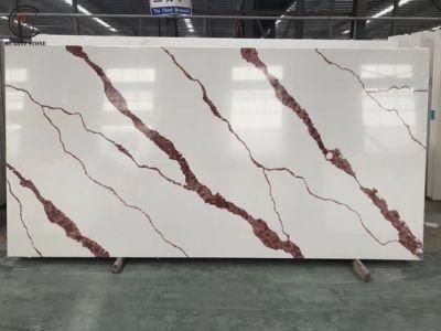 Chinese Wholesale Engineered White Calacatta Quartz Stone Slab with Red Veins
