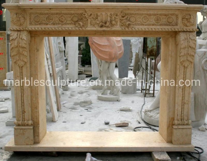 Beautiful Antique Beige Marble Stone Fireplace Carved Flowers (SYMF-255)