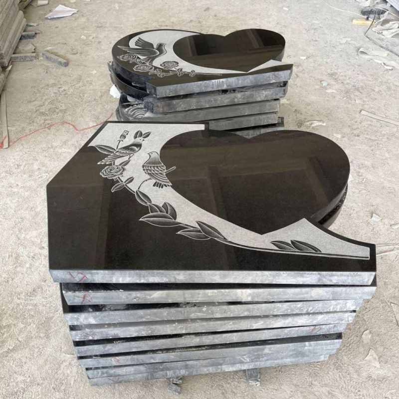 Black Granite Heart Shaped Headstone Carved Bird Flower for Cemetery Memorial