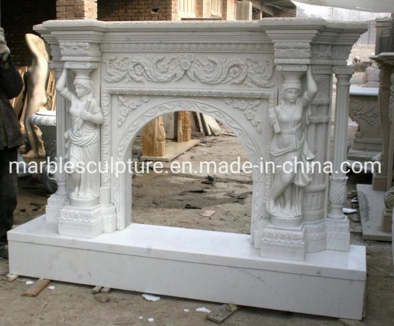 Lady Statue Sculpture Carving Marble Fireplace with Flowers Surround (SYMF-077)