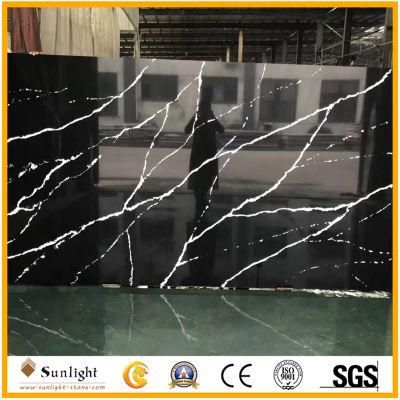 Artificial Nero Marquina Veins Calacatta Black Quartz Stone Slabs for Countertops