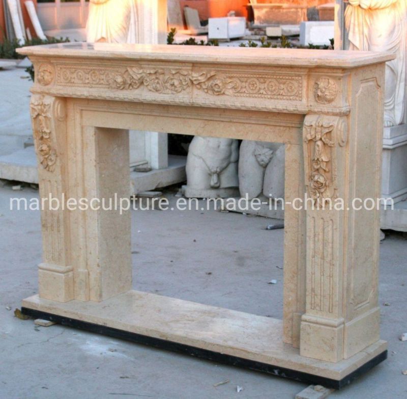 Custom Made Elegant Beige Stone Sculpture Mantel Marble Fireplace (SYMF-250)