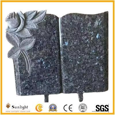 Book/Bible Shape Granite Tombstone in Blue Pearl with Rose Carving