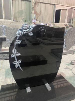 Black Granite Upright Headstone Flower Carving Funeral Monument