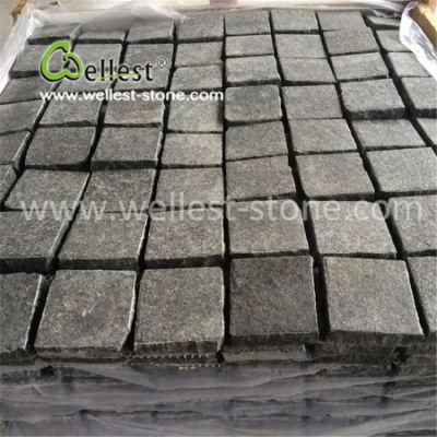 Popular Flamed Black G684 Granite Mesh Cobblestone Cube Stone for Walkway Driveway Parking