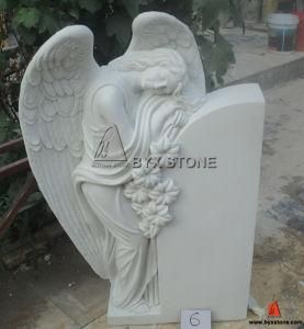 White Marble Sleeping Angel Sculpture Headstone for Cemetery