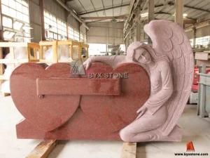 Red Granite Tombstone Angel Carving Memorial Headstone with Double Heart