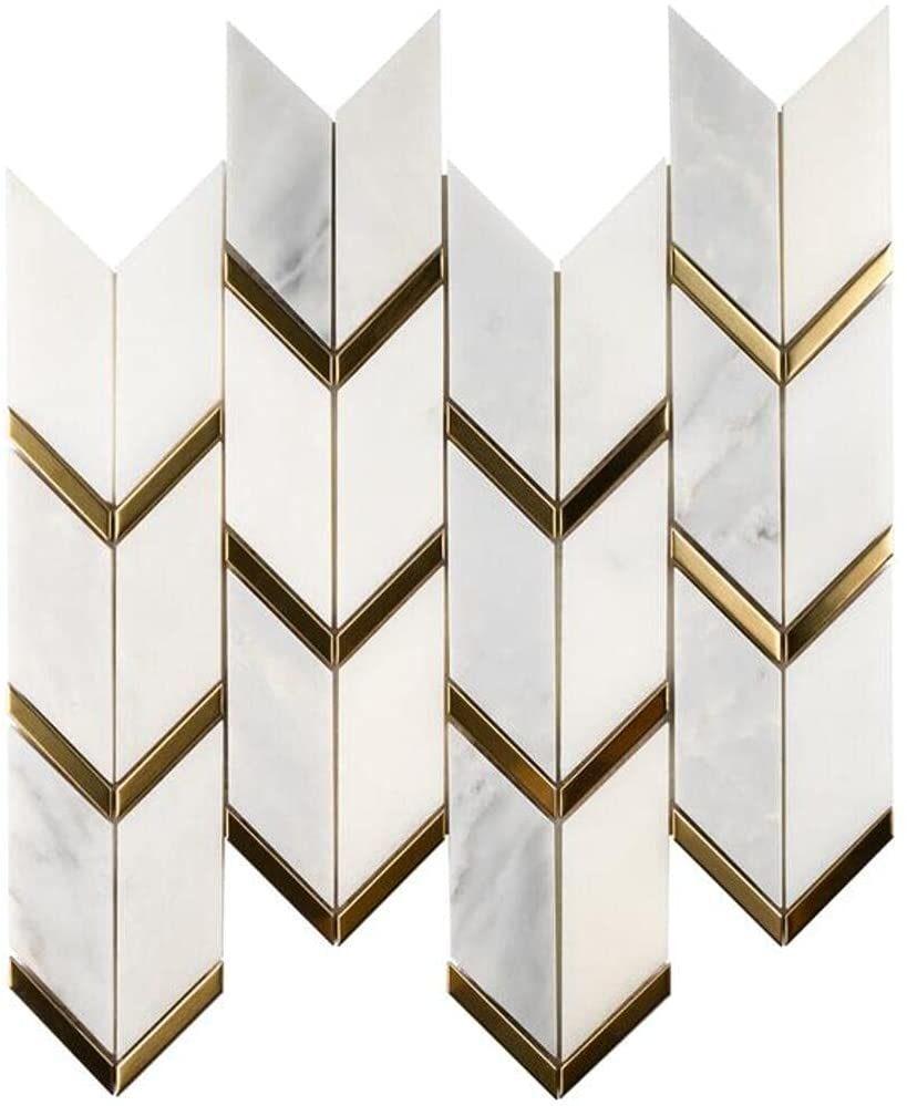 Chevron with Gold Metal Stailess Steel Marble Mosaic Tile Bathroom Kitchen Backsplash Marble Mosaic Tiles