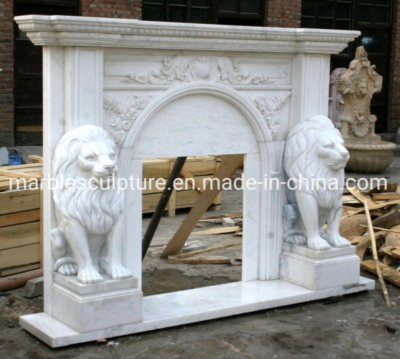 Beautiful Decorative Marble Lion Statue White Marble Fireplace (SYMF-132)