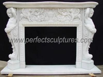 White Marble Fireplace Mantel with Carved Cherub Figure Statue (QY-LS055)