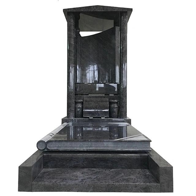 Bahama Blue Granite Gravestone with Carved Pillar Statues