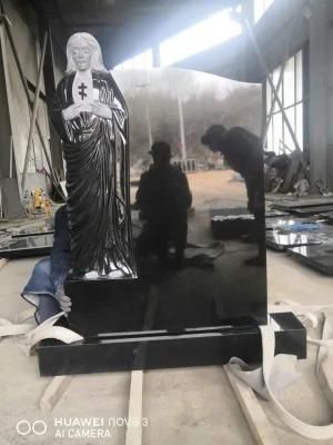 Black Granite Cemetery Headstone Monument Tombstone with Carving