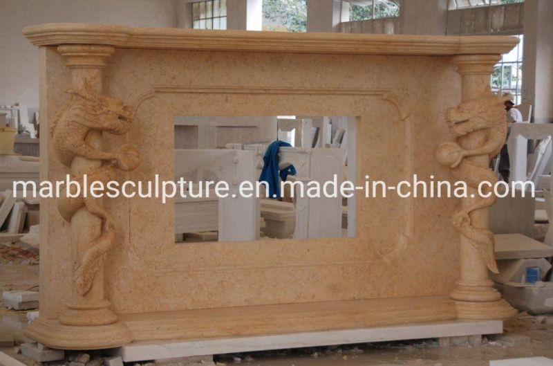 New Design Sculpture Mantel Beige Marble Fireplace Carved Long (SYMF-101)