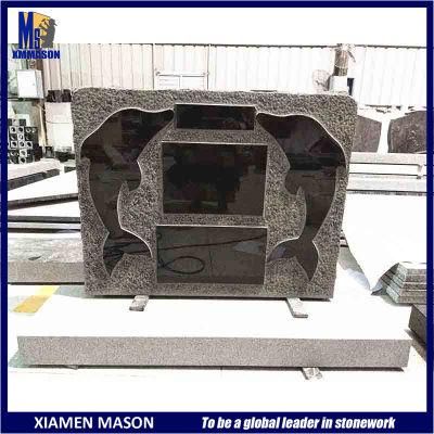 Indian Black Granite Double Dolphin Pattern Cemetery Monument