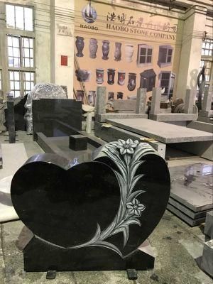Antique Finish Flower Carving Black Granite Memorials Headstone