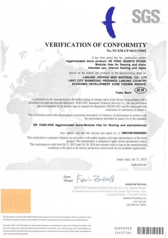 Linyi White Artificial Quartz Stone for Countertop with CE FSC Certificate
