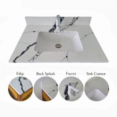 Prefab Artificial Calacatta White Black Quartz Stone Solid Surface Bathroom Vanity Tops