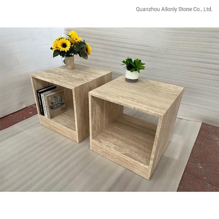 Cubic Block Travertine Solid Stone Bedroom Side Table for Hotel Design