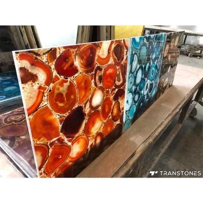 Interior Decorated Gem Stone Polished Translucent Blue Agate Slab