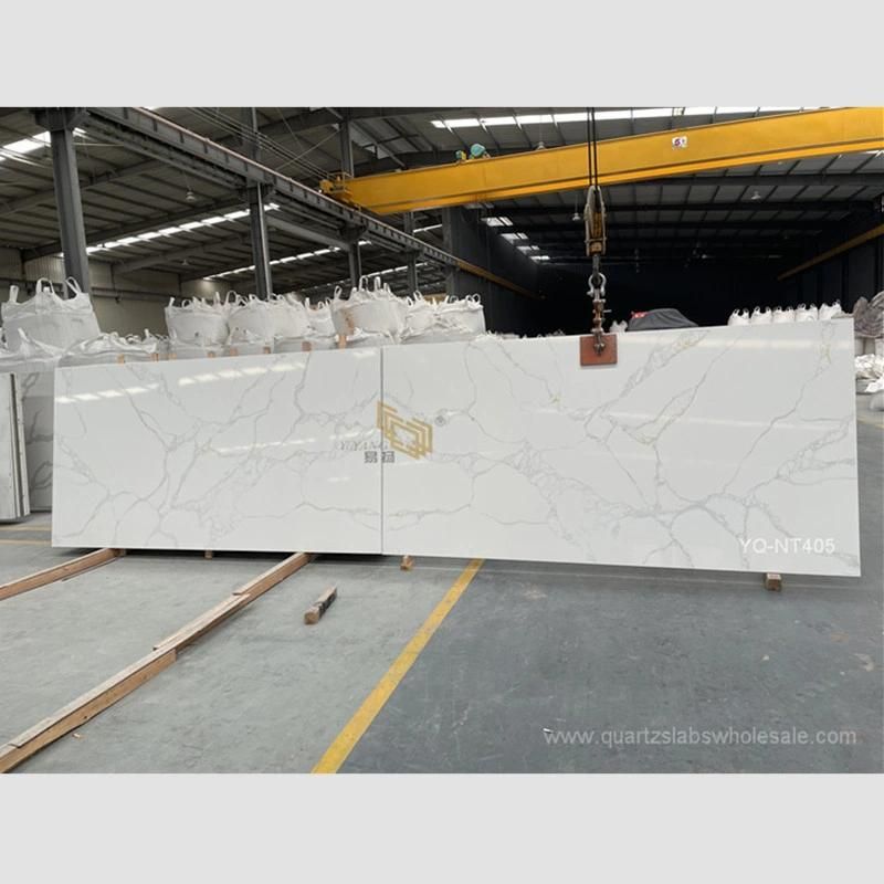 Artificial Calacatta White Quartz Slab Grey/Gold Veins for Kitchen Countertops