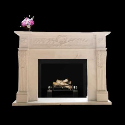 Custom Made White Marble Contemporary Leaf Carving Fireplace Mantel