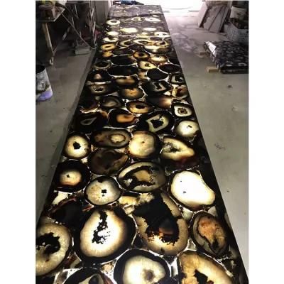 Black Iced Agate Backlit Gemstone Slab Tile for Kitchen Table Semi-Precious Crystal Slab