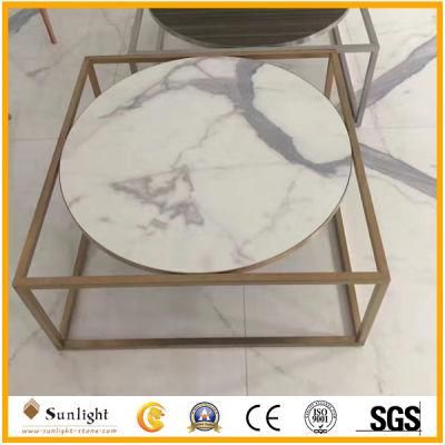 Custom Polished Italian Calacatta White Marble Round Desk, Table Tops