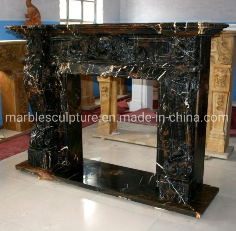 Natural Black Stone Mantel Sculpture Marble Fireplace (SYMF-223)