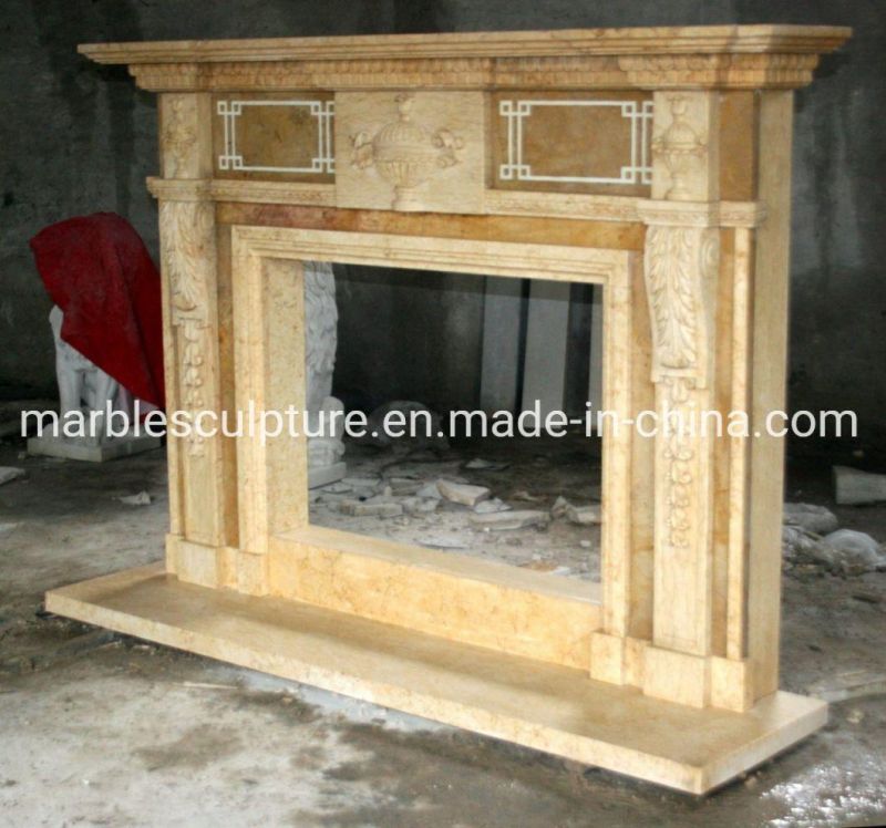 Customized Hand Carved Mantel Stone Beige Marble Fireplace (SYMF-312)