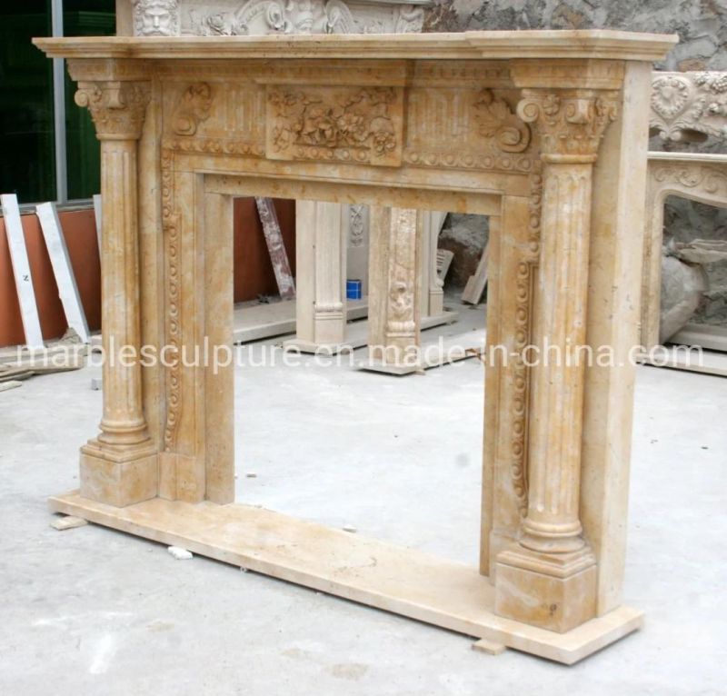 Elegant Natural Antique Stone Carved Column Stone Fireplace (SYMF-247)