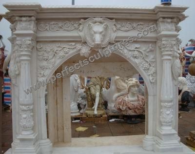 Antique Column Stone Marble Fireplace Surround with Carved Grapes (QY-LS388)