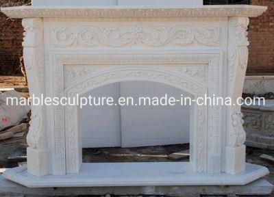 White Marble Fireplace with Flower Carving for Indoor Decoration (SYMF-093)