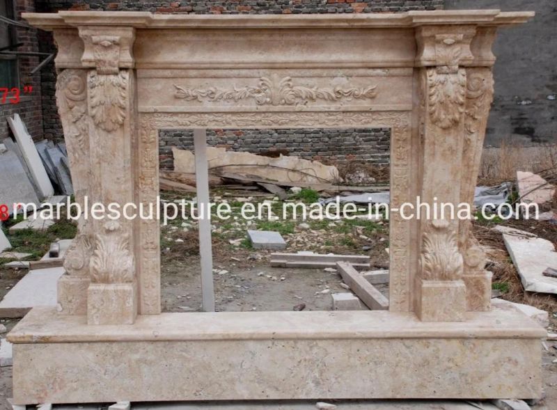 Classic Decoration Hand Carving Sculpture Beige Marble Fireplace (SYMF-059)
