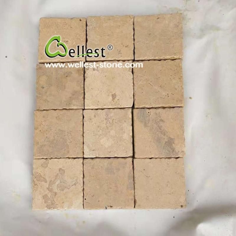 Dark Yellow Sawn Cut Tumble Limestone Cobblestone Driveway Paving