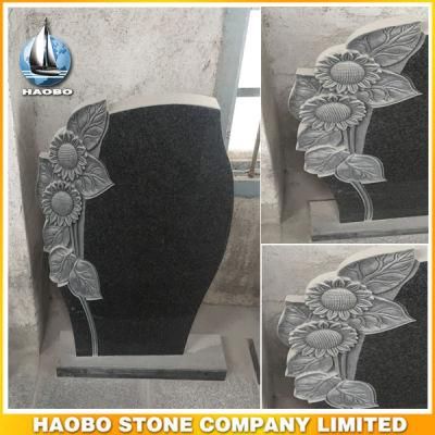 Black Granite Headstone with Hand Carved Sunflower