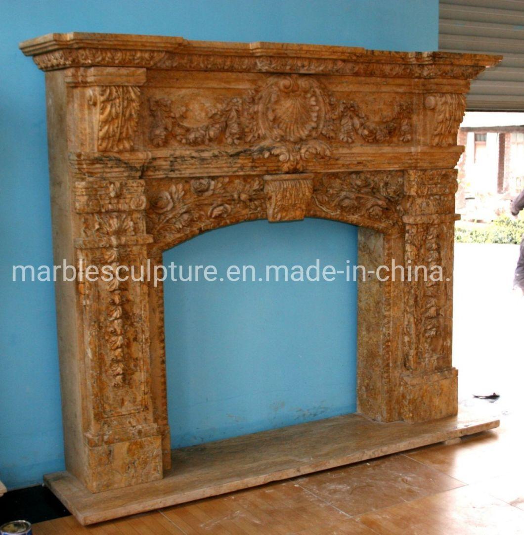 High Quality Hand Carved Stone Fireplace Surround with Flowers (SYMF-242)