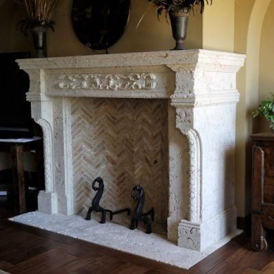 Beige Travertine Italian Tuscan Carving Fireplace