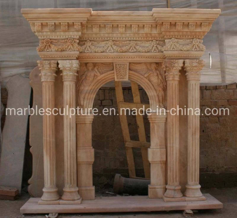 Carved Yellow Marble Stone Fireplace Mantel with Column (SYMF-296)
