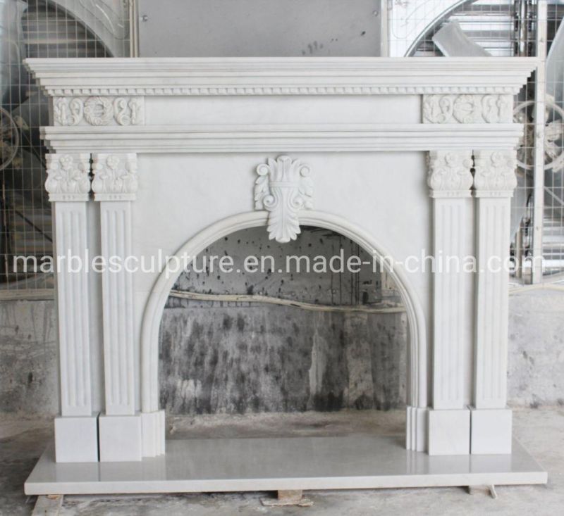 Hand Carved European Style White Arched Marble Fireplace Mantle (SYMF-318)