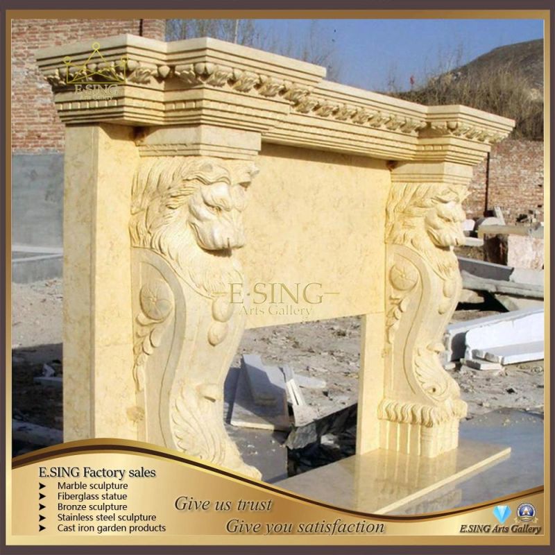 European Mantels French Yellow Marble Fireplace Surround Lion Statues Stone Fireplace for Home Decor