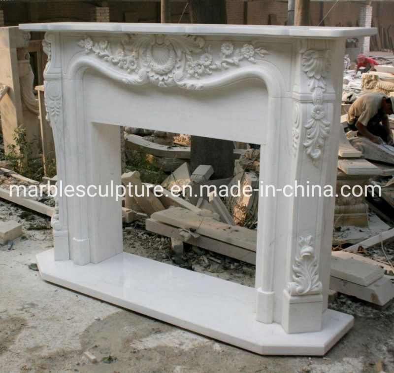 Beautiful Elegant Hand Carved Pure White Marble Fireplace (SYMF-182)